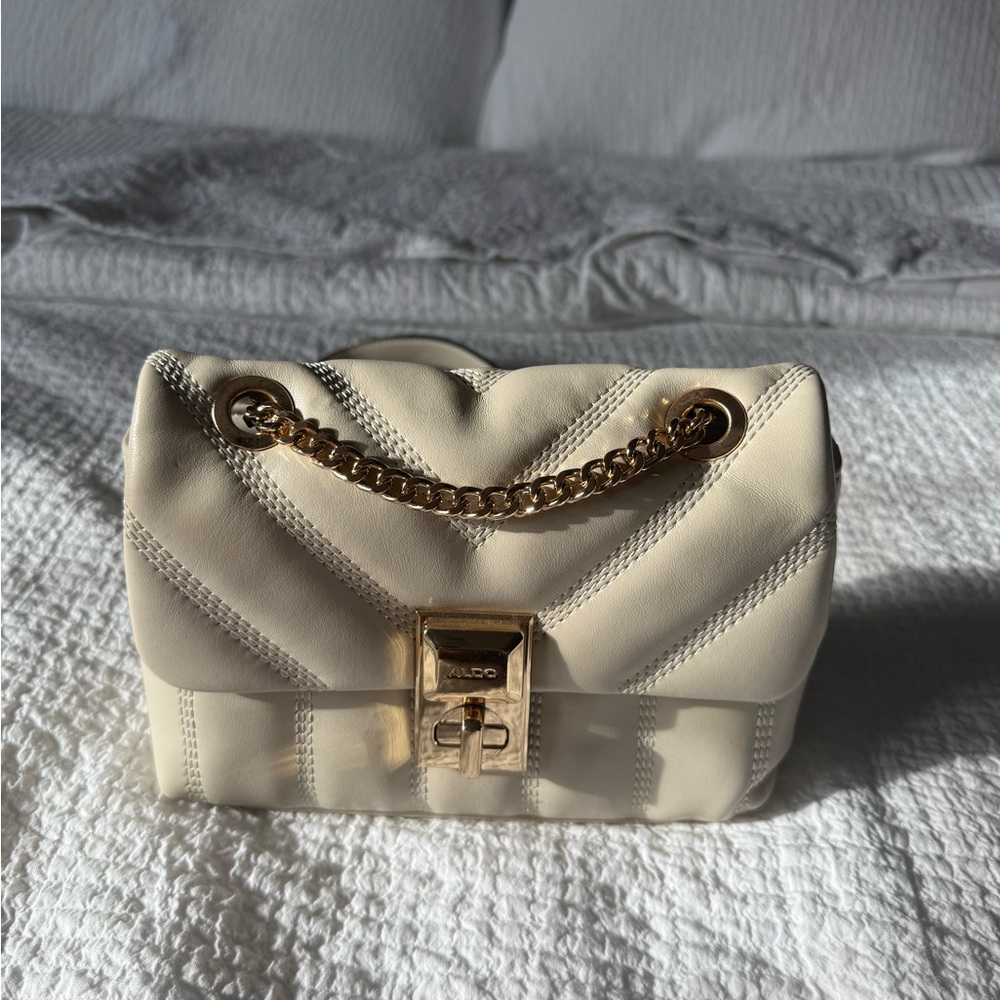 Aldo Ivory Quilted Bag with Gold Chain